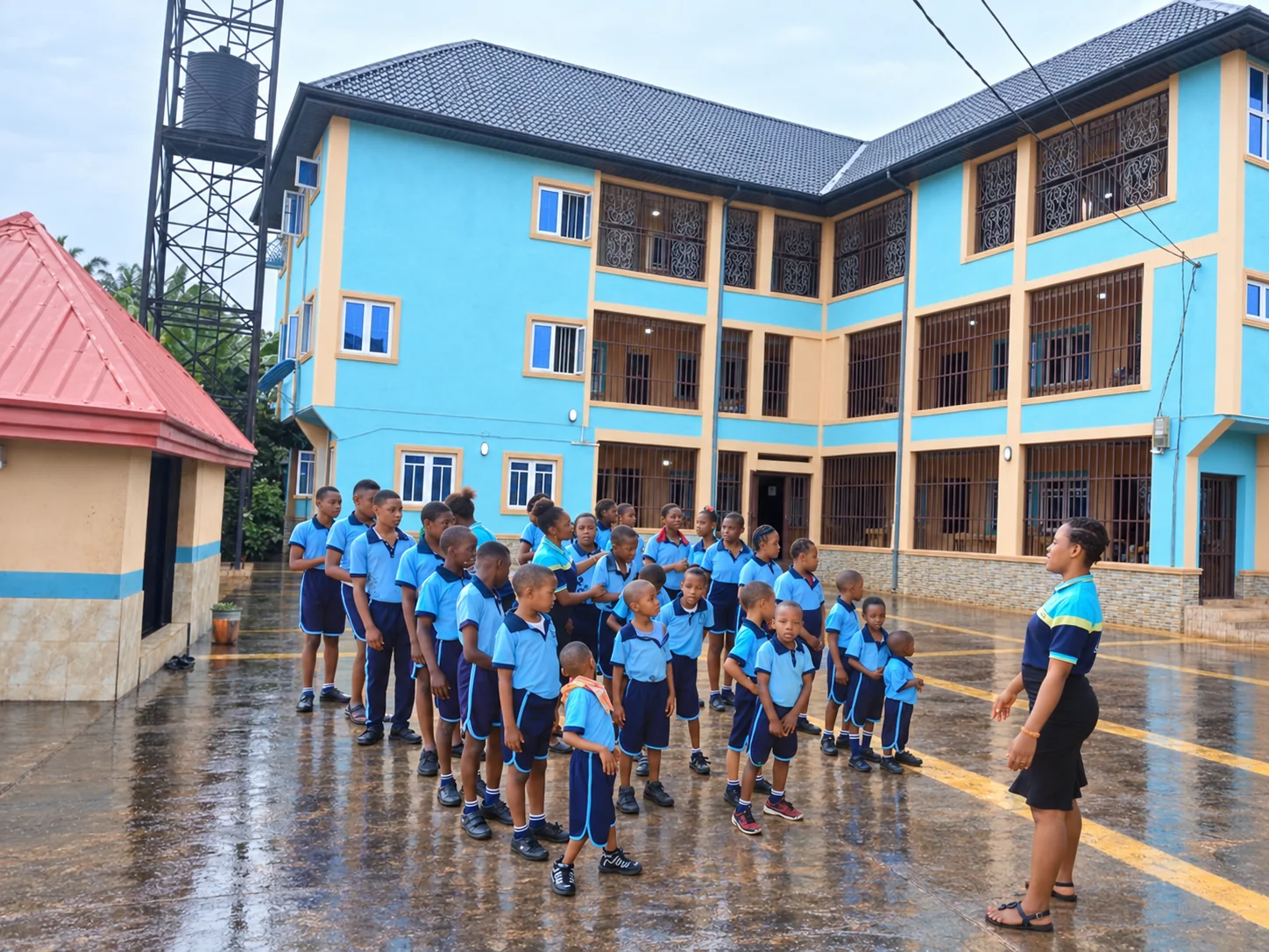Students and a teacher in the courtyard of Peace Therapeutic Special School’s blue and cream school building